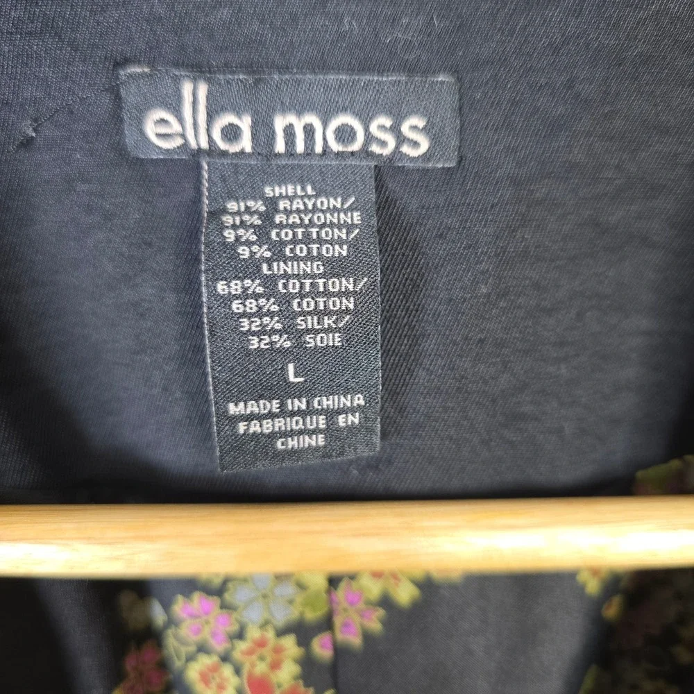 Ella Moss Black Drape Front Blazer Floral Silk Blend Lining‎ 3/4 Sleeve Large